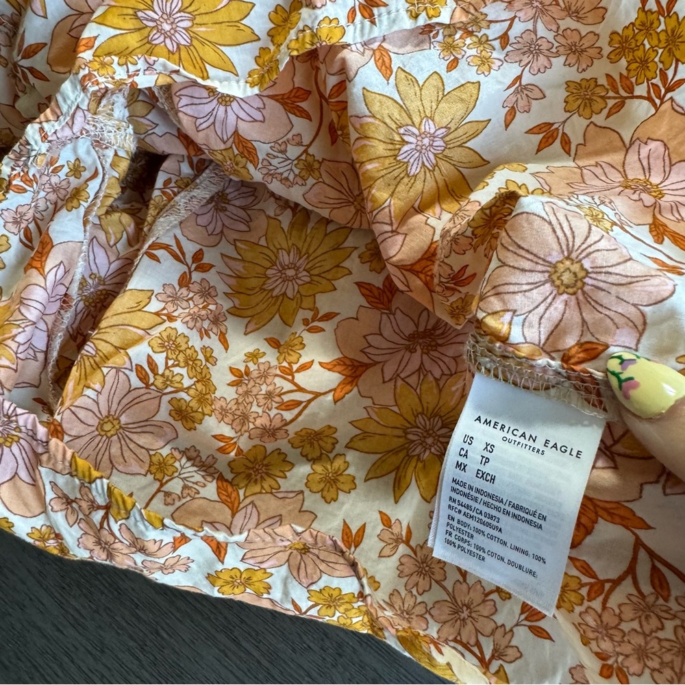 AEO Floral Orange Beige Romper Jumpsuit XS Tie Back - Picture 13 of 16